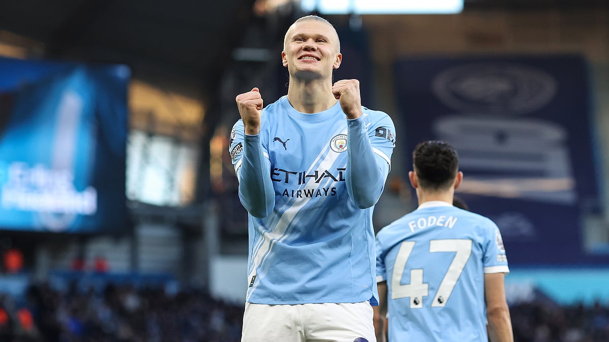 Erling Haaland celebrates after scoring against West Ham