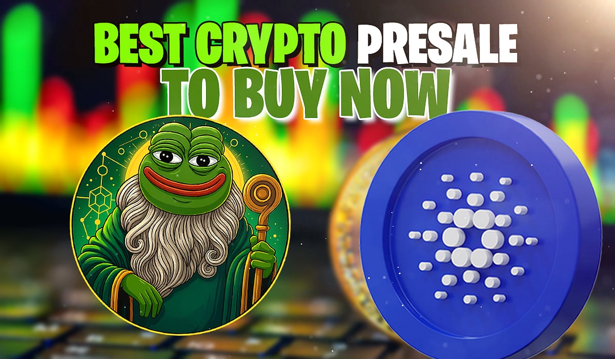 Pepeto and Cardano logos with textBEST CRYPTO PRESALE TO BUY NOW.