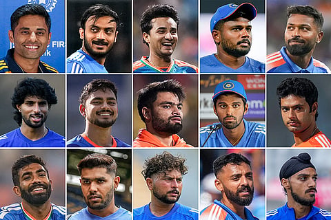 Members of India's squad for the ICC Men's T20 World Cup 2026; top row left to right, captain Suryakumar Yadav, vice captain Axar Patel, Abhishek Sharma, Sanju Samson, Hardik Pandya, middle row left to right, Tilak Varma, Ishan Kishan, Rinku Singh, Washington Sundar, Shivam Dube, bottom row left to right, Jasprit Bumrah, Harshit Rana, Kuldeep Yadav, Varun Chakravarthy and Arshdeep Singh.
