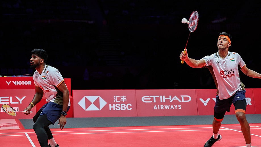 BWF/Badminton Photo : Satwiksairaj Rankireddy and Chirag Shetty in action during their men's doubles semi-final against China's Liang Wei Keng and Wang Chang at the BWF World Tour Finals on Saturday (December 20, 2025).
