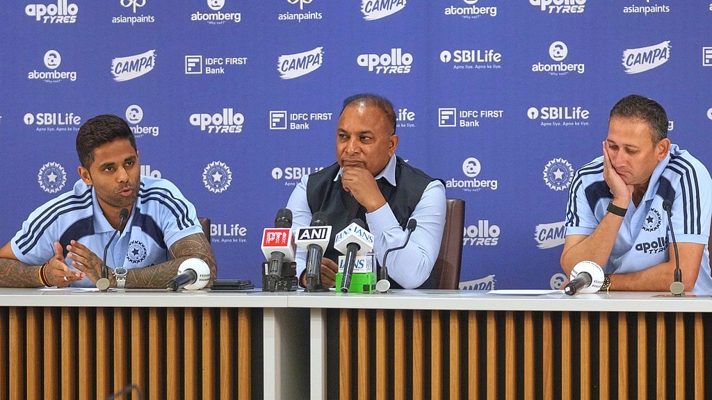 AP : Captain Suryakumar Yadav, left, speaks as Board of Control for Cricket in India secretary Devajit Saikia, centre, and chief selector Ajit Agarkar look on during a press conference for India's squad announcement for the ICC T20 World Cup 2026 at BCCI headquarter in Mumbai.