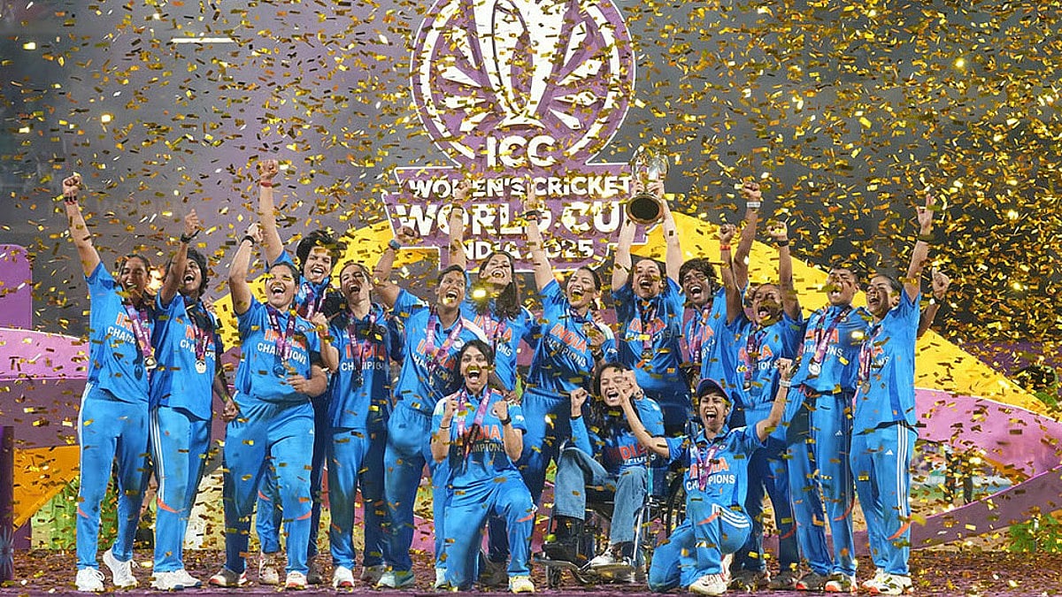 AP : India celebrate with the trophy after their win over South Africa in the ICC Women's Cricket World Cup final in Navi Mumbai.