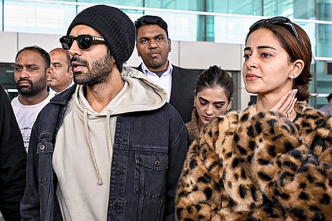 Bollywood Actors Kartik Aaryan and Ananya Panday arrive at Indira Gandhi International Airport, ahead of the launch of their film 'Tu Meri Main Tera Main Tera Tu Meri', in New Delhi.
