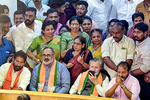 Kerala BJP president Rajeev Chandrasekhar and party leader Prakash Javadekar with other leaders during the swearing-in ceremony of newly elected local body members at the Thiruvananthapuram Corporation.