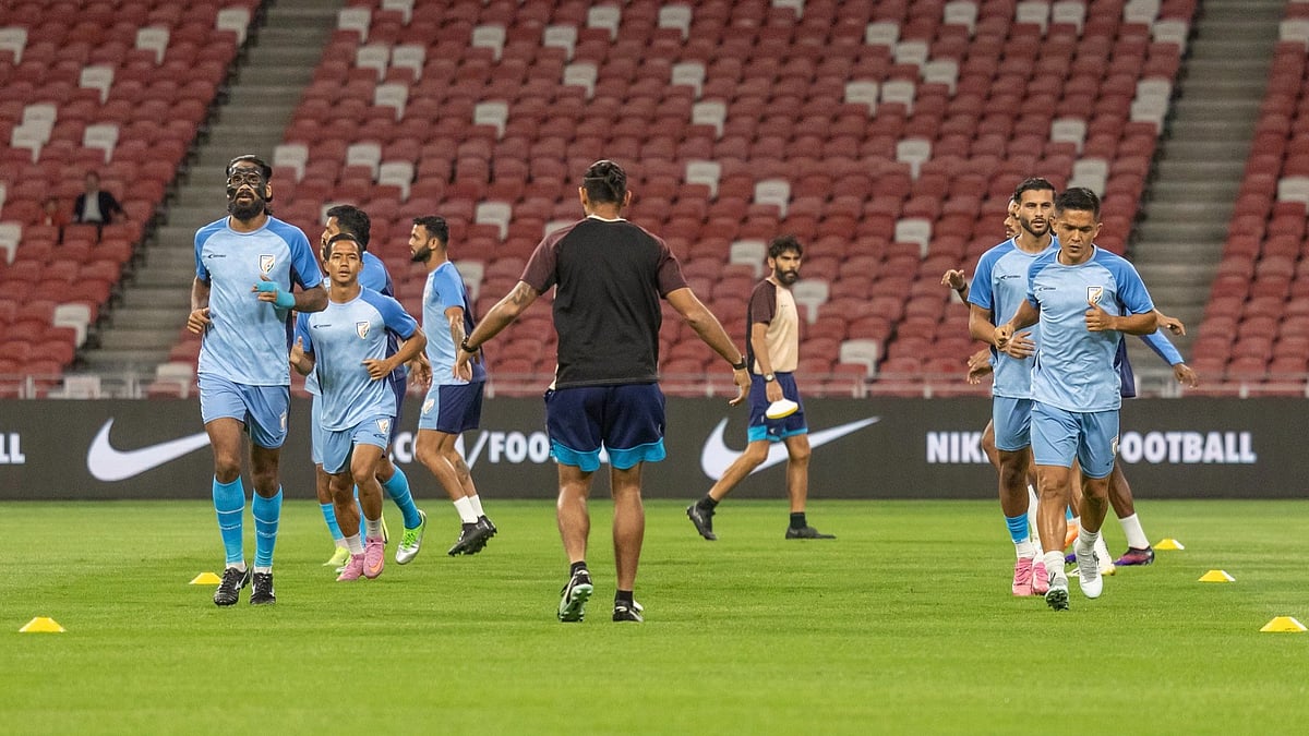 | Photo: X/IndianFootball : The India men's football team preparing ahead of their AFC Asian Cup qualifier match against Singapore on October 14, 2025.