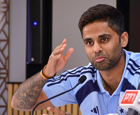 Indian men's T20 cricket team captain Suryakumar Yadav during a press conference to announce the Indian squad for the ICC Men's T20 World Cup 2026, at the BCCI headquarters, in Mumbai.