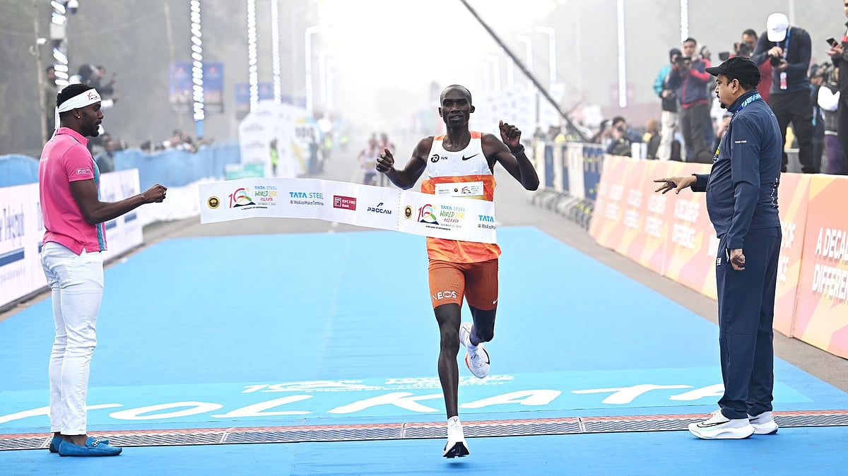 Special Arrangement : Uganda’s Joshua Cheptegei at the finish line to win the men’s title at World 25K Kolkata 2025.