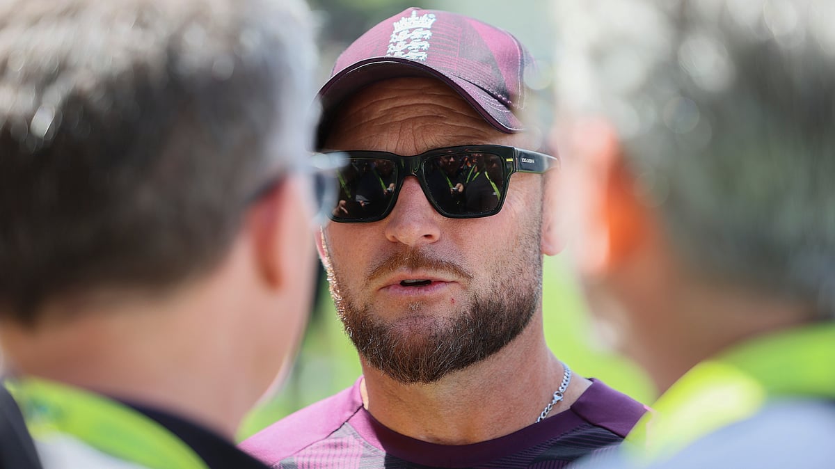 | Photo: AP/James Elsby : England head coach Brendon McCullum talks to the media after Australia won the third Ashes Test against England in Adelaide, Australia, Sunday, Dec. 21, 2025.