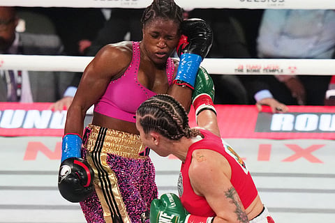 Caroline Dubois, left, and Camila Panatta compete during their WBC lightweight world title fight in Miami.
