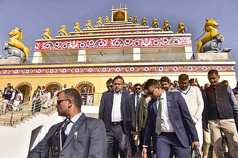 Assam Chief Minister Himanta Biswa Sarma, front second right, inspects the ongoing construction work of the 'Batadrava Than' development project, in Nagaon District, Assam.