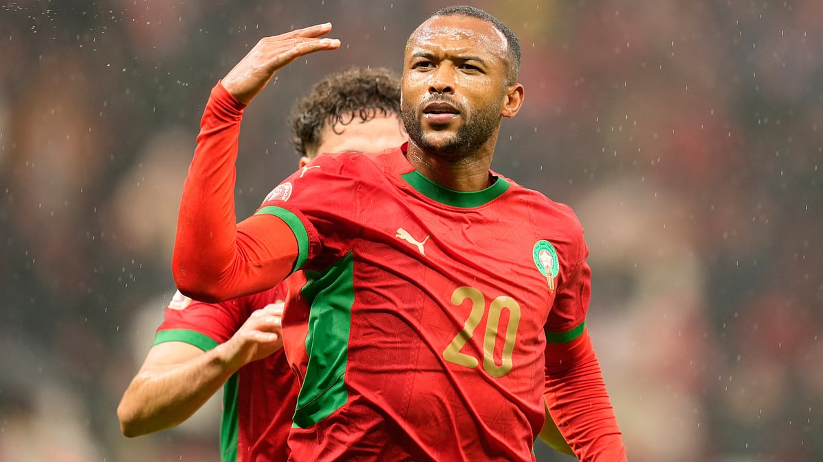 | Photo: AP/Mosa'ab Elshamy : Morocco's Ayoub El Kaabi celebrates after scoring during the Africa Cup of Nations group A soccer match between Morocco and Comoros in Rabat, Morocco, Sunday, Dec. 21, 2025.