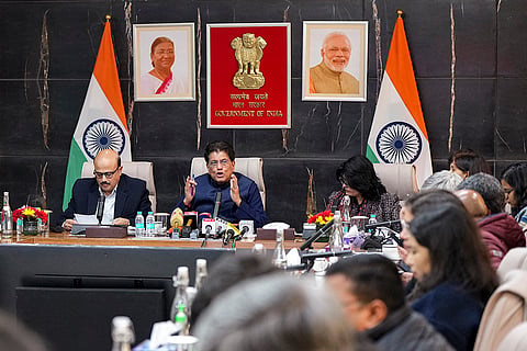 Union Commerce and Industry Minister Piyush Goyal addresses a press conference at Vanijya Bhawan, outlining developments on India’s proposed trade agreements and other commerce-related initiatives, in New Delhi. Commerce Secretary Rajesh Agrawal and Joint Secretary Petal Dhillon are also seen. 