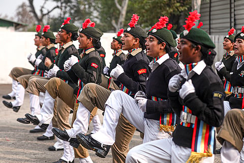 NCC cadets from the Union Territories of Jammu and Kashmir and Ladakh take part in a full dress rehearsal ahead of the Republic Day celebrations, at the NCC Camp, Nagrota, on the outskirts of Jammu.