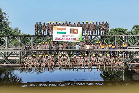 Indian Army’s Engineer Task Force launches a 120-foot Dual Carriageway Bailey Bridge to restore road connectivity disrupted by Cyclone Ditwah, in Jaffna, Sri Lanka. 