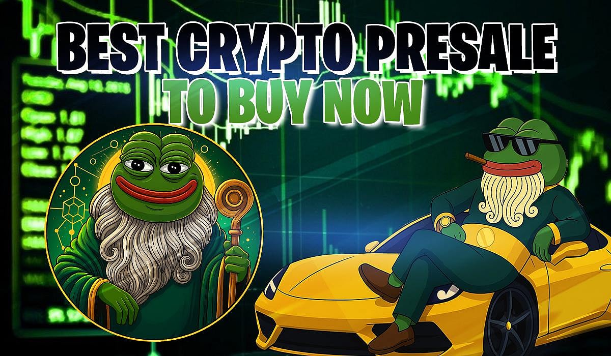 Pepe-style frog graphic with “Best Crypto Presale to Buy Now” text and digital trading background