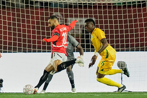 Egypt's Mohamed Salah shoots during the Africa Cup of Nations group B soccer match between Egypt and Zimbabwe in Agadir, Morocco.