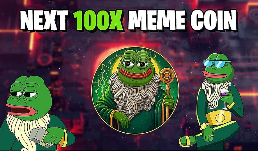 Pepe the Frog wizard character next to a Bitcoin symbol with Next 100x Meme coin text.