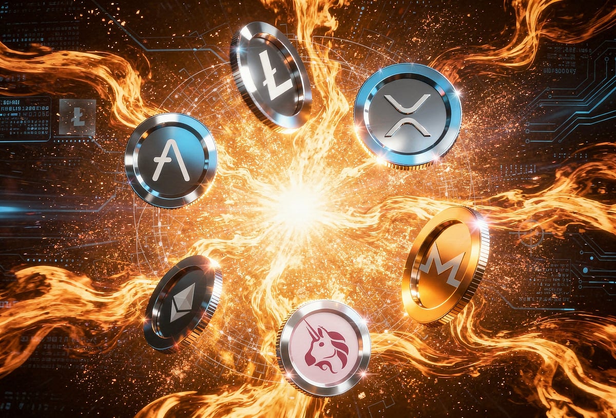 Various cryptocurrency logos, including Ethereum and XRP, swirling in a bright orange energy vortex.