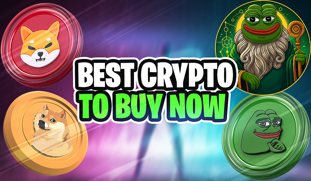 Comparison graphic showing Dogecoin, Shiba Inu, and Pepe with “Best Crypto to Buy Now” text