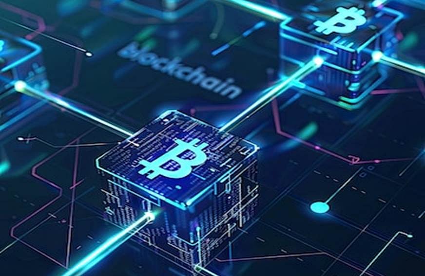 A glowing blue Bitcoin cube connected to a neural-style blockchain network.