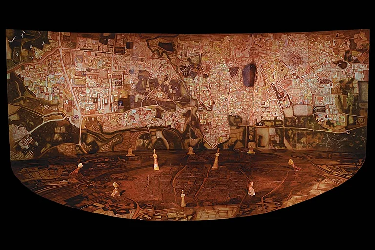 City Memory, Dreams, Desire, Statues And Ghosts Return Of Hiuen Tsang Artwork by Gulam Mohammed Sheikh - | Courtesy: Vadehra Art Gallery