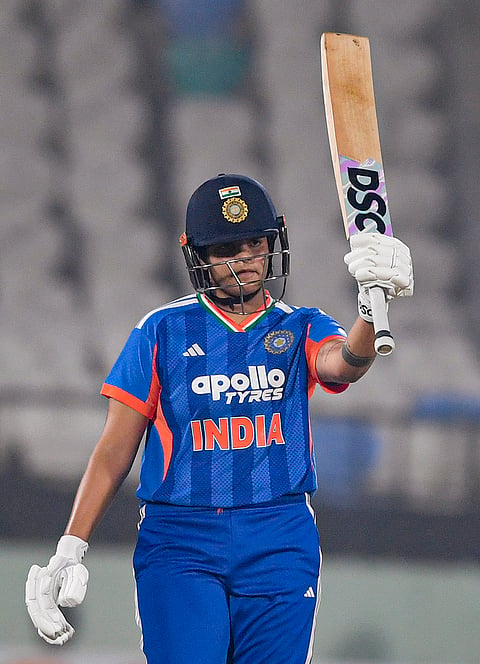 India's Shafali Verma celebrates her half century during the second T20I cricket match between India and Sri Lanka, in Visakhapatnam, Andhra Pradesh.