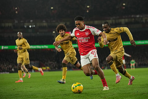 Arsenal's Myles Lewis-Skelly in action during the English Football League Cup quarter-final soccer match between Arsenal and Crystal Palace in London.