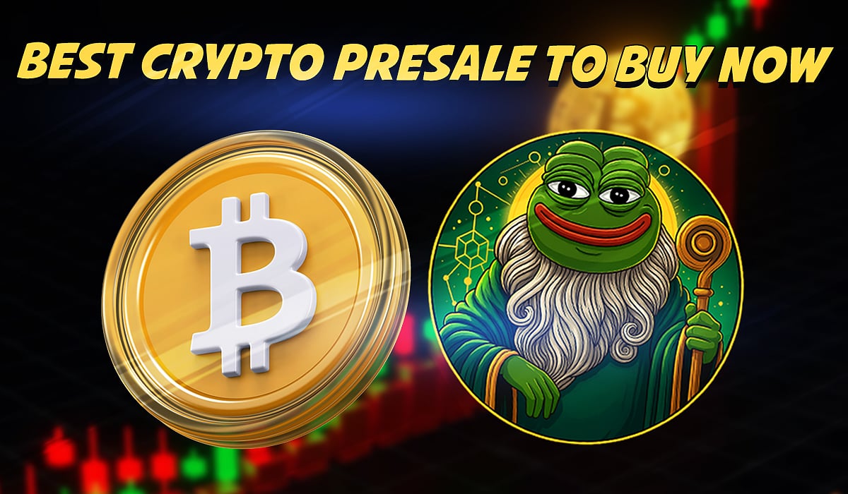 Bitcoin and Pepeto logos with textBEST CRYPTO PRESALE TO BUY NOW.
