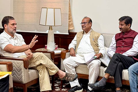 Congress leader and Leader of Opposition Rahul Gandhi interacts with representatives of the Vaishya Samaj, who shared concerns over challenges facing trade and business in the country, in New Delhi. 