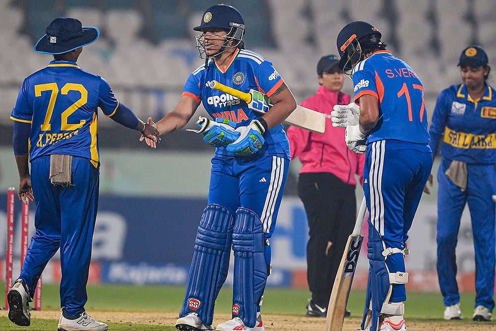 | Photo: PTI : India's Richa Ghosh and Shafali Verma greet Sri Lankan players after India won the second T20I cricket match against Sri Lanka, in Visakhapatnam, Andhra Pradesh.
