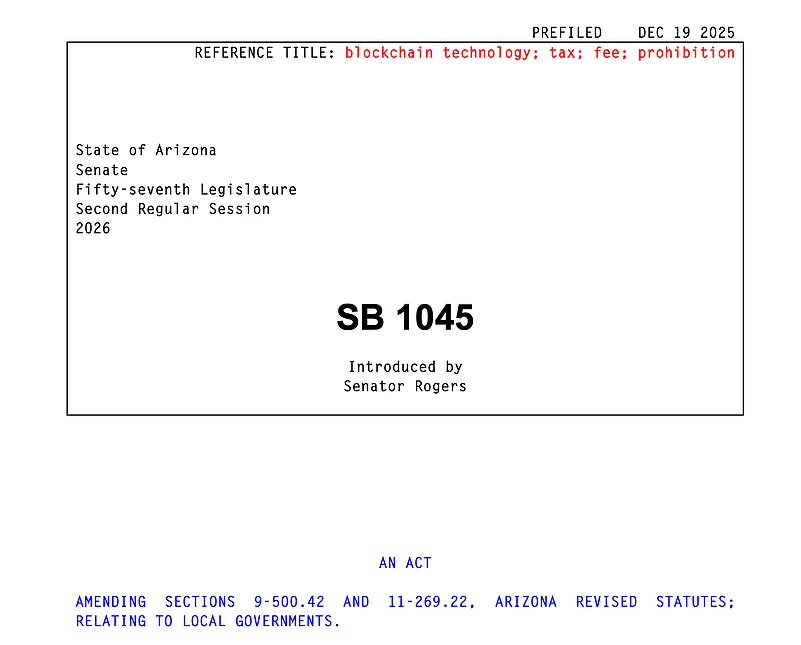 Arizona Senate bill SB 1045 cover page on blockchain taxes and fees