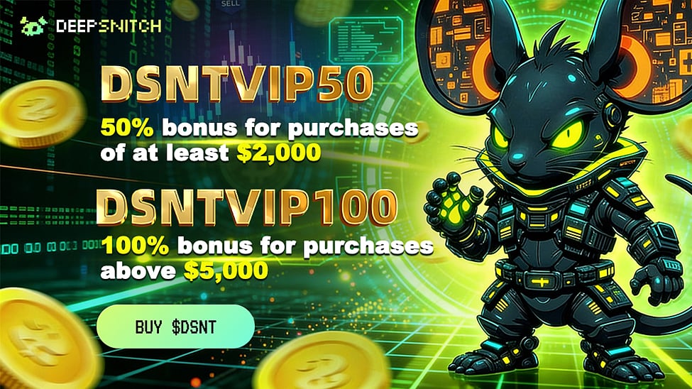 Black armored mouse character with DSNTVIP bonus codes for DeepSnitch AI crypto purchases.