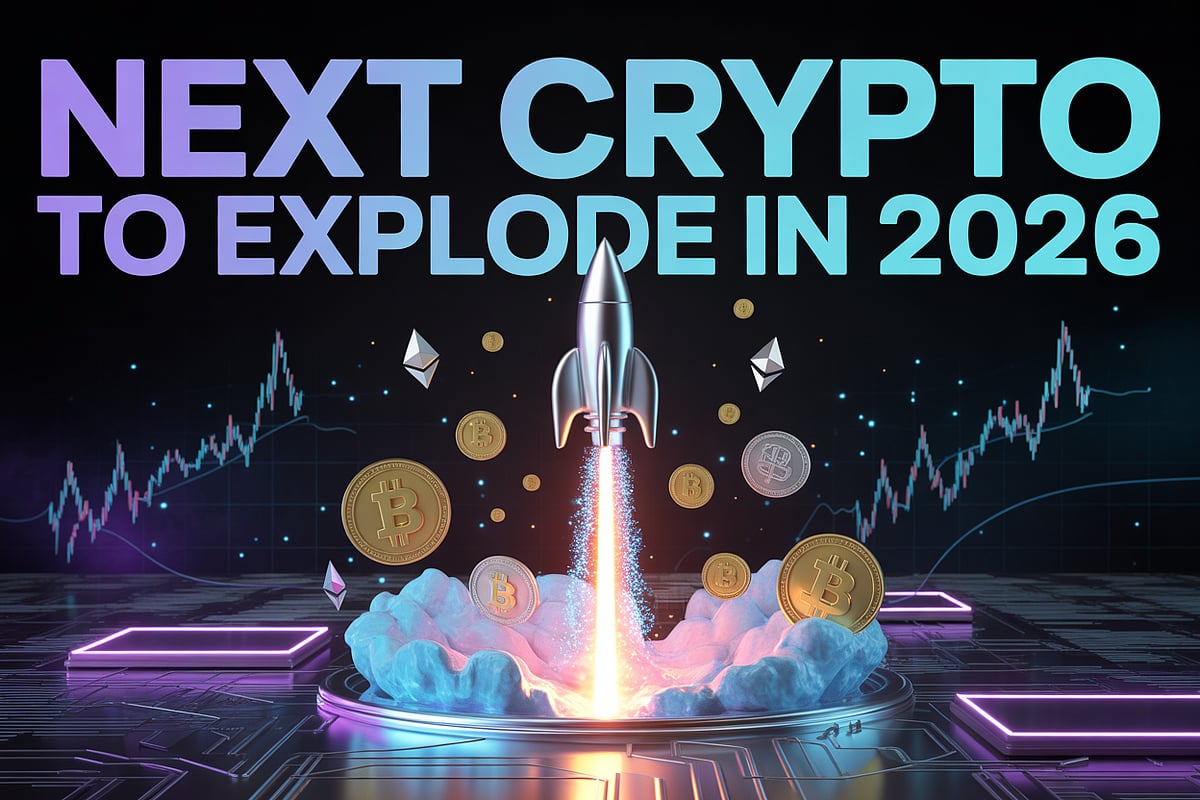 A rocket launching from a pedestal amidst Bitcoin and Ethereum coins with crypto market charts.