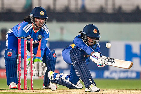 Sri Lanka's Harshitha Samarawickrama plays a shot during the second T20I cricket match between India and Sri Lanka, in Visakhapatnam, Andhra Pradesh.