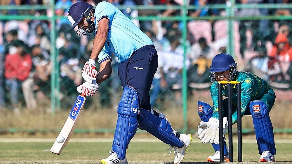 Photo: PTI : Mumbai's Rohit Sharma plays a shot during the Vijay Hazare Trophy 2025-26 cricket match between Mumbai and Sikkim, at Sawai Mansingh Stadium, in Jaipur, Rajasthan.