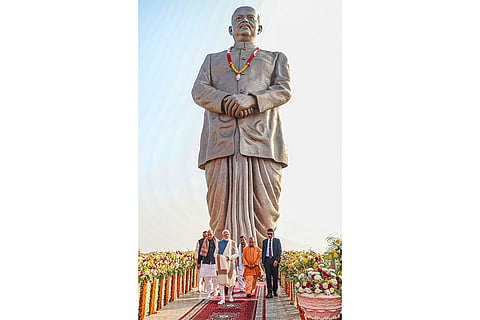 In this image received on Dec. 25, 2025, Prime Minister Narendra Modi with Defence Minister Rajnath Singh, MoS and Uttar Pradesh BJP President Pankaj Chaudhary and Chief Minister Yogi Adityanath during the inauguration of 'Rashtriya Prerna Sthal' on the 101st birth anniversary of former prime minister Atal Bihari Vajpayee, in Lucknow.