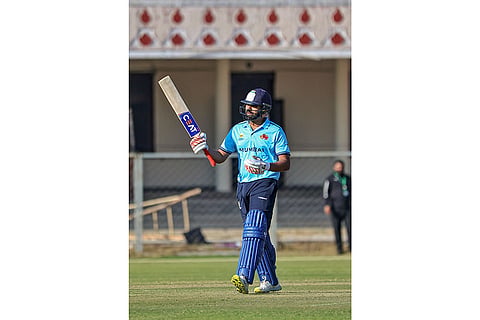 Mumbai's Rohit Sharma celebrates his 150 during the Vijay Hazare Trophy 2025-26 cricket match between Mumbai and Sikkim, at Sawai Mansingh Stadium, in Jaipur, Rajasthan.