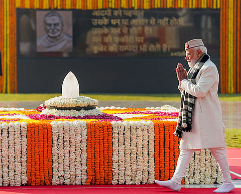Prime Minister Narendra Modi pays tribute to former PM Atal Bihari Vajpayee on his 101st birth anniversary, at Sadaiv Atal in New Delhi.
