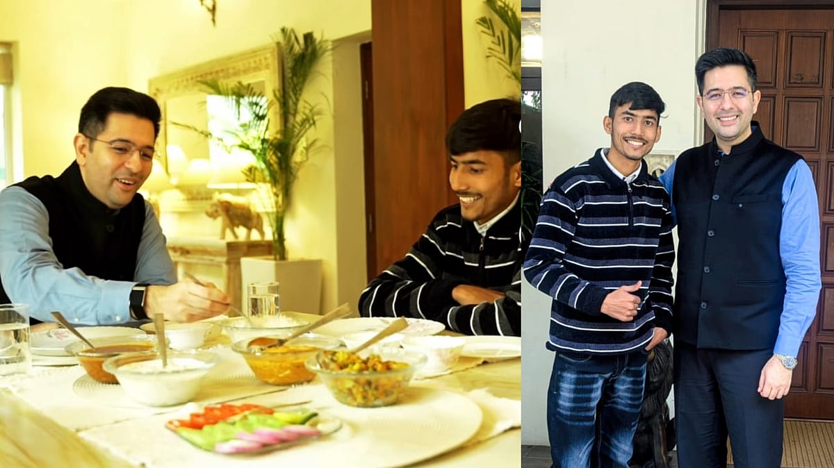 Indian politician Raghav Chadha with a delivery worker