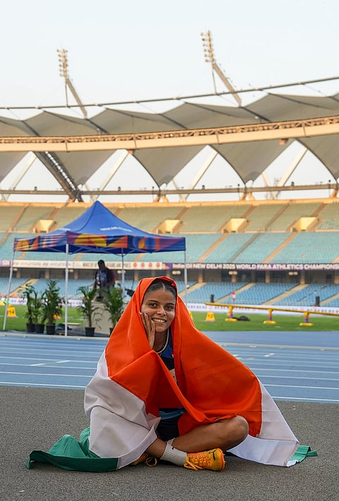India’s Simran celebrates after finishing third in the Women's 200m T12 Final event during the World Para Athletics Championships 2025, at Jawaharlal Nehru Stadium, in New Delhi, Sunday, Oct. 5, 2025. 