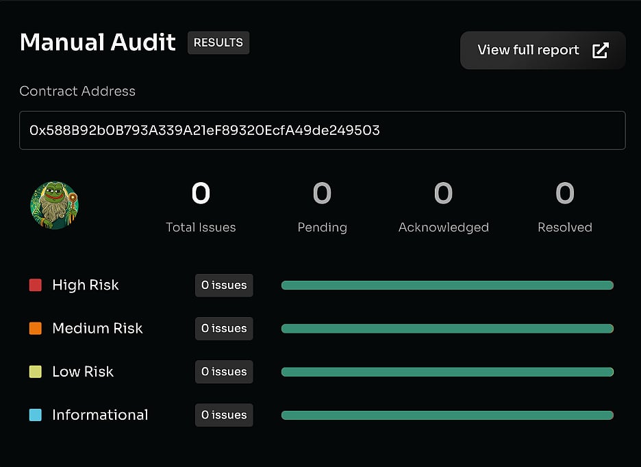 Crypto manual audit results showing zero high, medium, or low risk issues for a contract address.