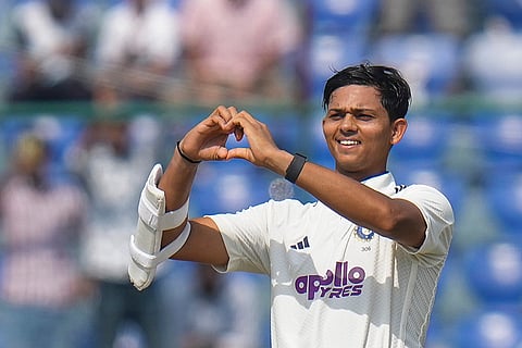 India's Yashasvi Jaiswal celebrates his century on day one of the second and final Test cricket match of a series between India and West Indies, at the Arun Jaitley Stadium, in New Delhi, Friday, Oct. 10, 2025. 