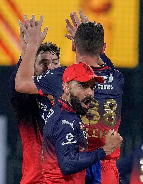 Royal Challengers Bengaluru's Virat Kohli and others celebrate the wicket of Chennai Super Kings’ captain Ruturaj Gaikwad during an Indian Premier League (IPL) 2025 T20 cricket match between Chennai Super Kings and Royal Challengers Bengaluru, at the MA Chidambaram Stadium, in Chennai, Friday, March 28, 2025. 