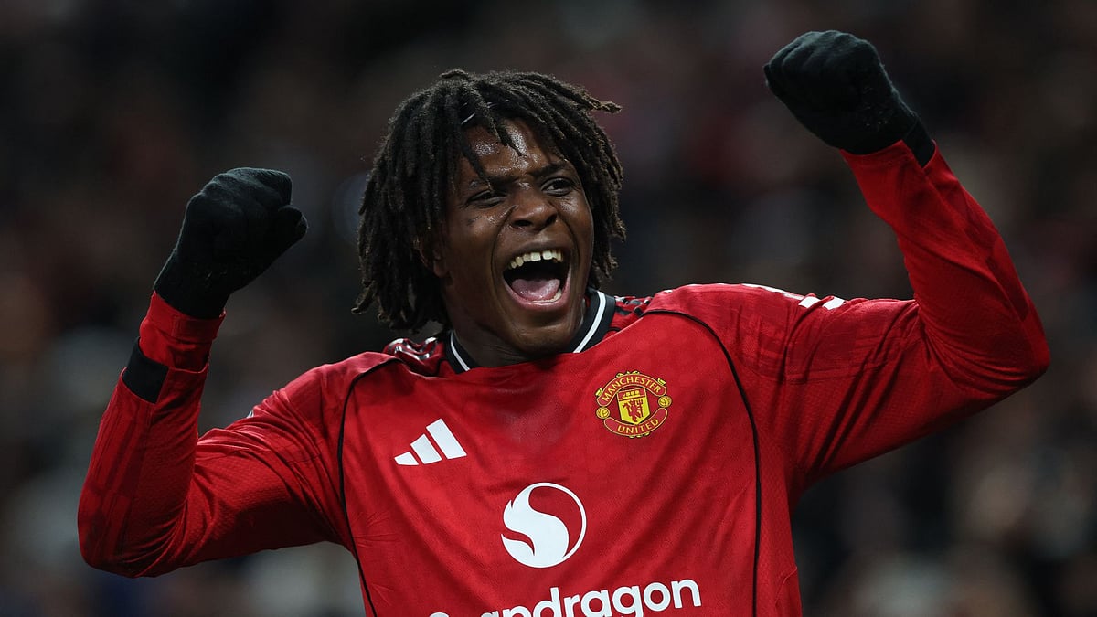 Manchester United's Patrick Dorgu celebrates scoring during the English Premier League match against Newcastle United on December 26, 2025.