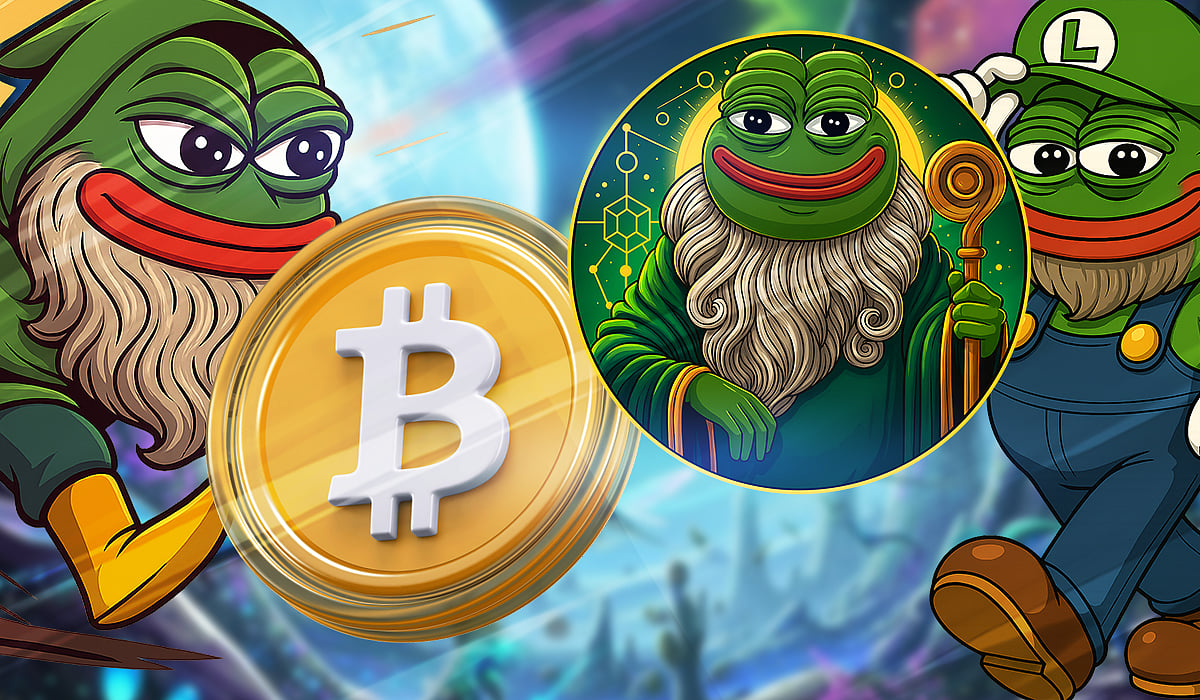 Pepe-style meme frog with Bitcoin symbol, representing meme coin crypto trading concept