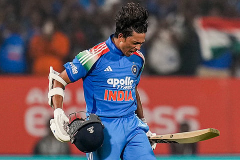 India's Yashasvi Jaiswal celebrates his century during the third ODI cricket match of a series between India and South Africa, at ACA-VDCA Cricket Stadium, in Visakhapatnam, Andhra Pradesh, Saturday, Dec. 6, 2025. 