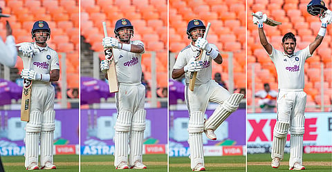 This combo image shows India’s Dhruv Jurel celebrating his century on day two of the first test cricket match between India and West Indies, at the Narendra Modi Stadium, in Ahmedabad, Gujarat, Friday, Oct. 3, 2025. 
