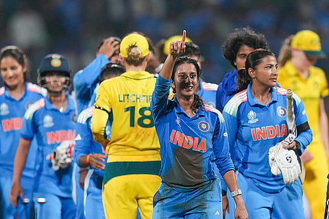 India's Jemimah Rodrigues with teammates celebrates after winning in the ICC Women's World Cup semifinal ODI cricket match between India Women and Australia Women, at the DY Patil Stadium, in Navi Mumbai, Thursday, Oct. 30, 2025. 