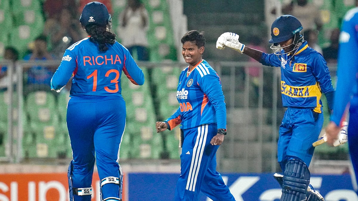 PTI : Deepti Sharma, centre, celebrates a wicket with Richa Ghosh, left, during the third T20 International between India women and Sri Lanka women, at Greenfield International Stadium in Thiruvananthapuram.