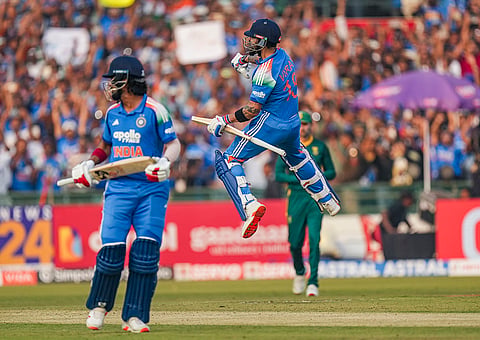 India's Virat Kohli, right, celebrates his century during the second ODI cricket match of a series between India and South Africa, at Shaheed Veer Narayan Singh International Stadium, in Raipur, Chhattisgarh, Wednesday, Dec. 3, 2025. 
